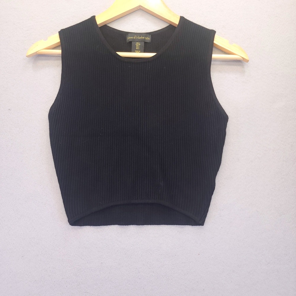 House of Harlow 1960 Black Ribbed Knit Sleeveless Crop Top Small Minimalist Chic